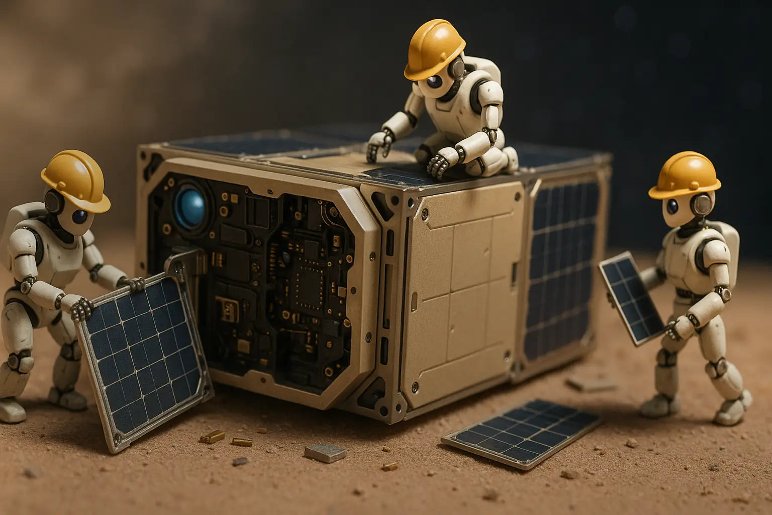 Toy robots with solar panels working on a spacecraft model.