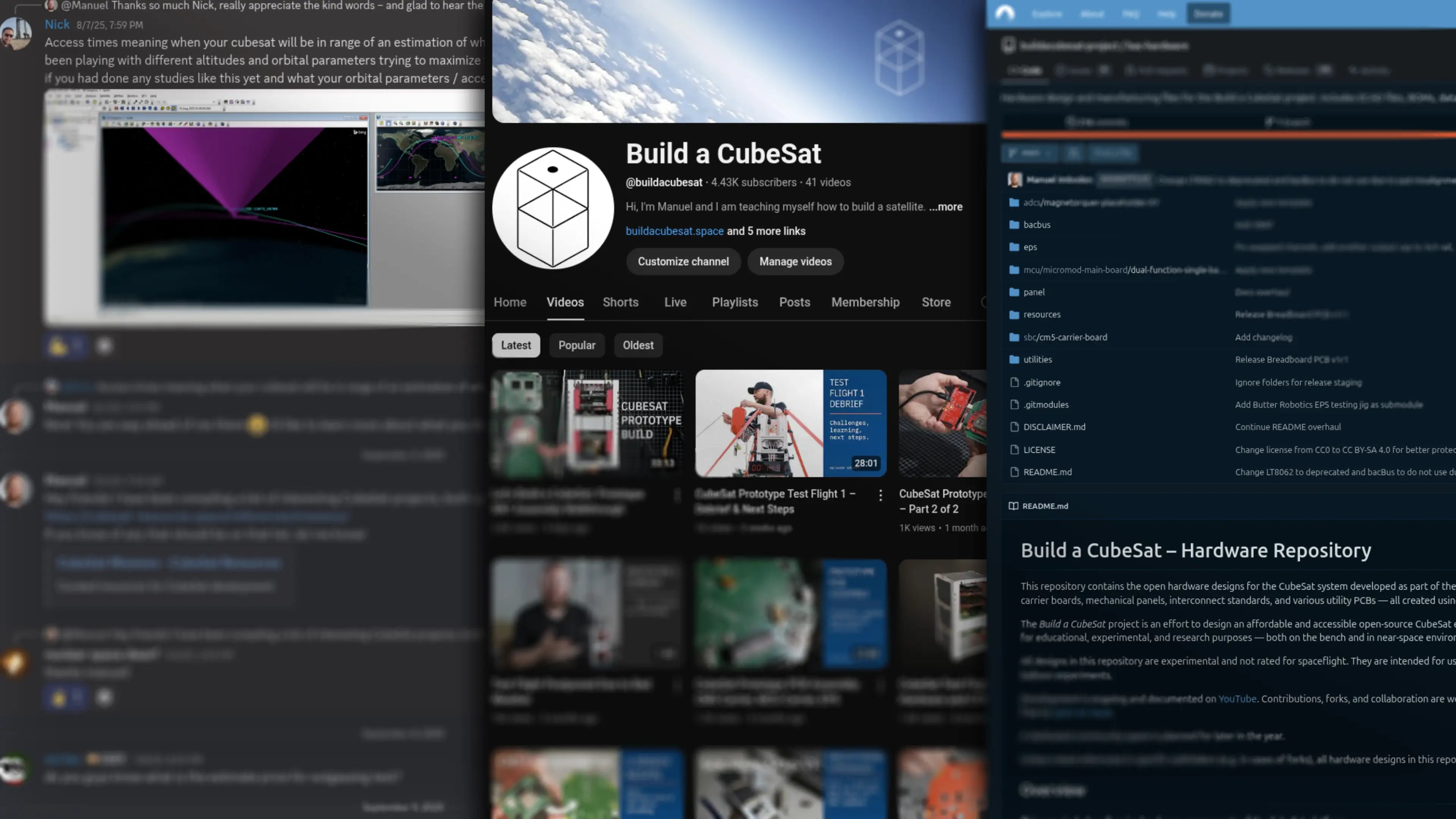Collage of screen shots: Discord, YouTube and Codeberg